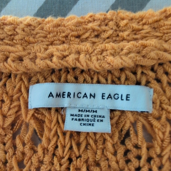 American Eagle Mustard Yellow Open Knit Cropped Cardigan Button Front Sweater M - Picture 2 of 8